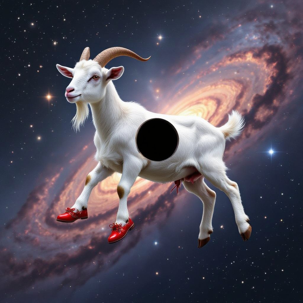 Goat with black hole body 2 goat leg with wear red shoes in space