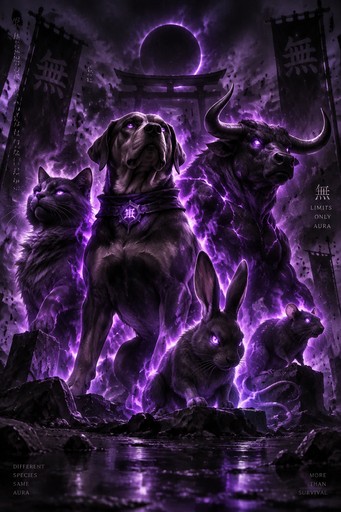 Purple fantasy illustration of a person and wolf-like creatures in a glowing cityscape