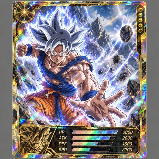 Colorful trading card illustration of a silver-haired fighter reaching forward amid lightning effects.