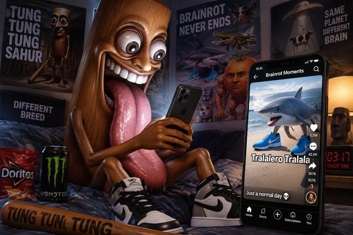 Cartoon figure scrolls a phone amid dark meme posters and colorful text overlays