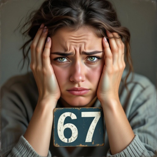 Toiled with a eyes and have hands in his and the number is 67