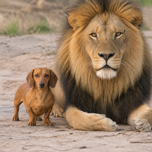 Dachshund con il pelo giallo con accanto un leone