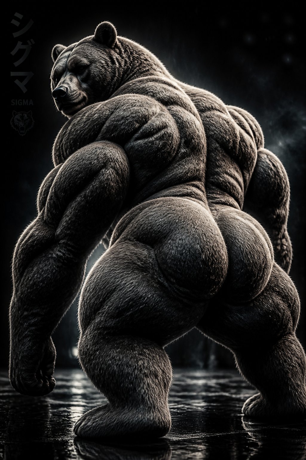 Stylized grayscale muscular creature standing in shallow reflective water.
