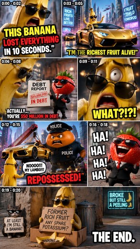 Generate a 20-second vertical AI brainrot meme. A banana wearing sunglasses drives a gold Lamborghini through a futuristic city, bragging that he is the richest fruit alive. Suddenly, a tiny strawberry in a suit walks up and reveals that the banana is actually $50 million in debt. The banana's face freezes in shock, the car gets repossessed by a giant orange wearing a police uniform, and the strawberry laughs maniacally. Use hilarious 3D animation, dramatic camera zooms, over-the-top voice acting, rapid cuts, funny sound effects and bold animated captions. Hook viewers immediately with "THIS BANANA LOST EVERYTHING IN 10 SECONDS." Finish with an unexpected comedic ending.