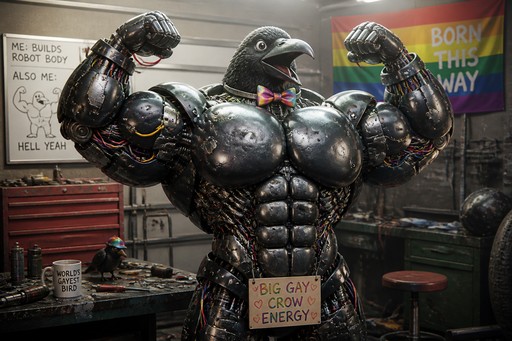 Armored cyborg flexing in a workshop with colorful handwritten signs.