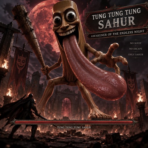 Cartoon wooden figure with a long tongue in a dark fantasy scene with fire and text overlays