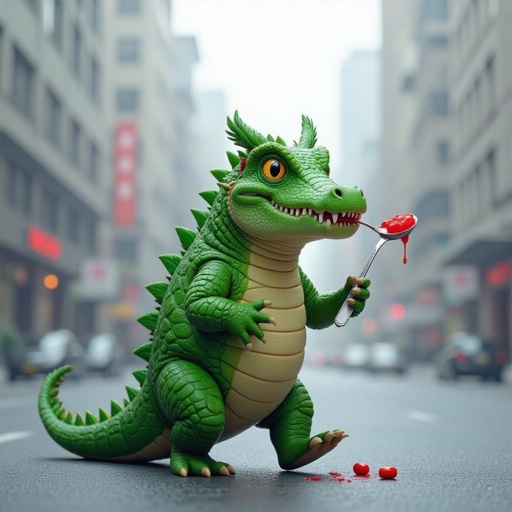 Crocodile with owl body with eat medicine in city