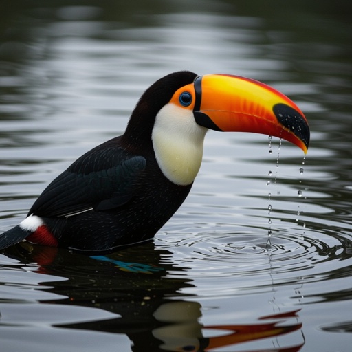 Toucan drinks water in the darkness