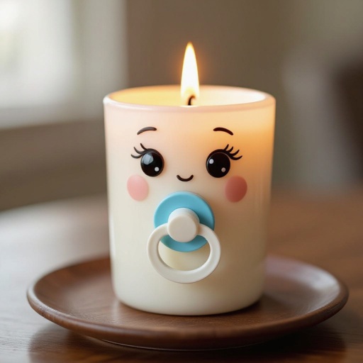 A baby candle with a pacifier and eyes