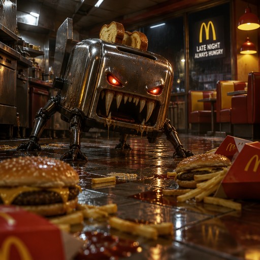 Stylized metal creature in a diner, surrounded by spilled food and warm lighting