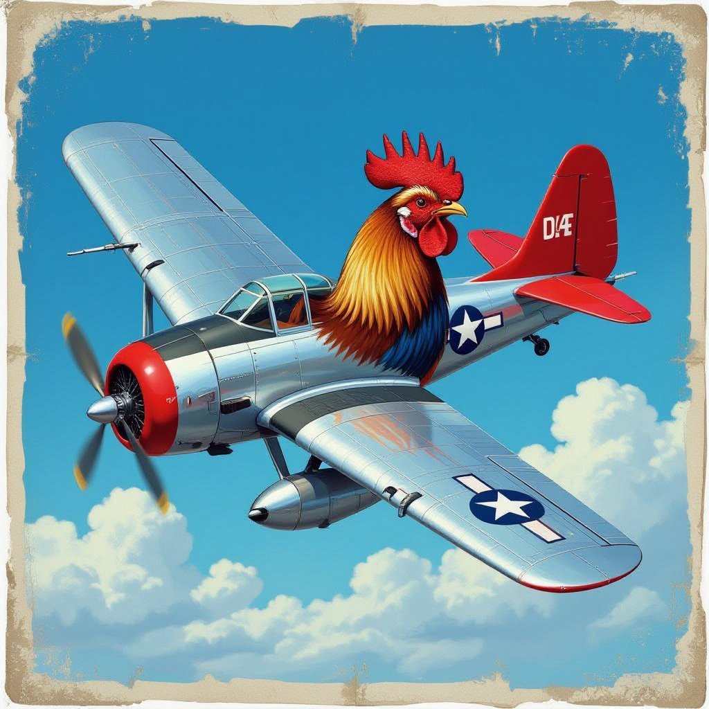 Rooster with bomber plane body in sky