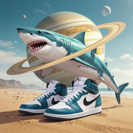 Uno squalo con scarpe Nike e il corpo dell Saturno in vita