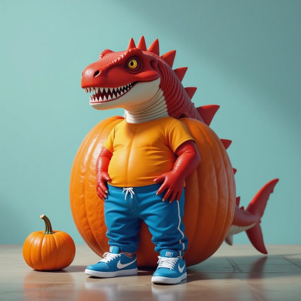 Una zucca con la testa di dinosauro rosso, la coda di uno squalo pantaloni blu e scarpe Nike blu