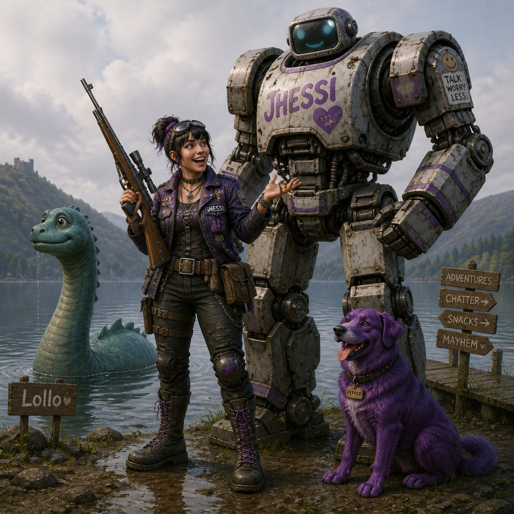 Fammi lollo lacustre ma con jhessi il blatererà su un megazord e un fucile in mano con pepper il cane viola