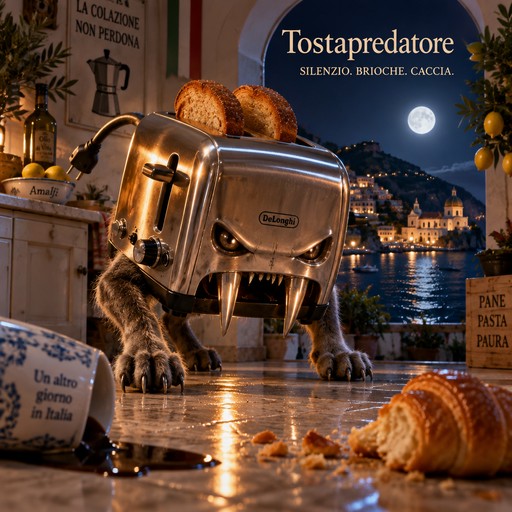 Surreal toaster creature standing in a cozy kitchen overlooking a moonlit canal