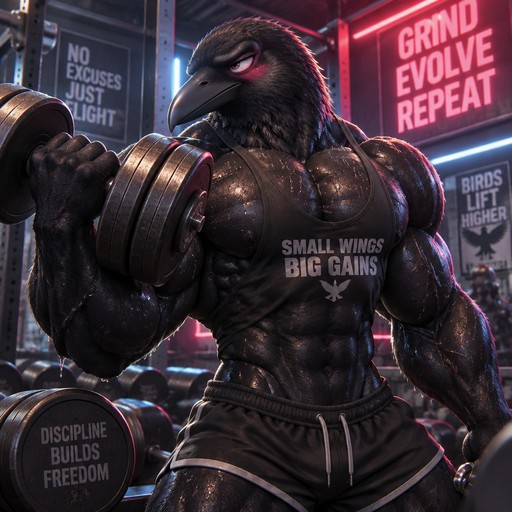 Anthropomorphic raven lifting weights in a dark gym with motivational text.