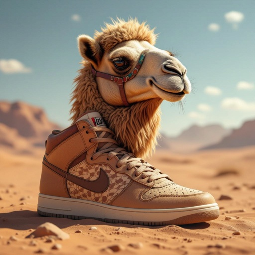 Mars with a camel head and wearing sneaker 