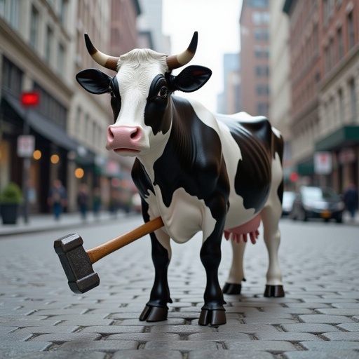 Cow with hammer body in city