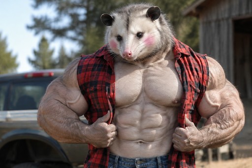 Muscular anthropomorphic opossum wearing a red plaid shirt outdoors near a vehicle