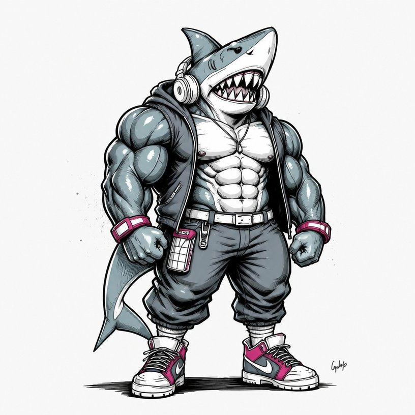 Cartoon shark character wearing streetwear and headphones, standing in a bold comic style.