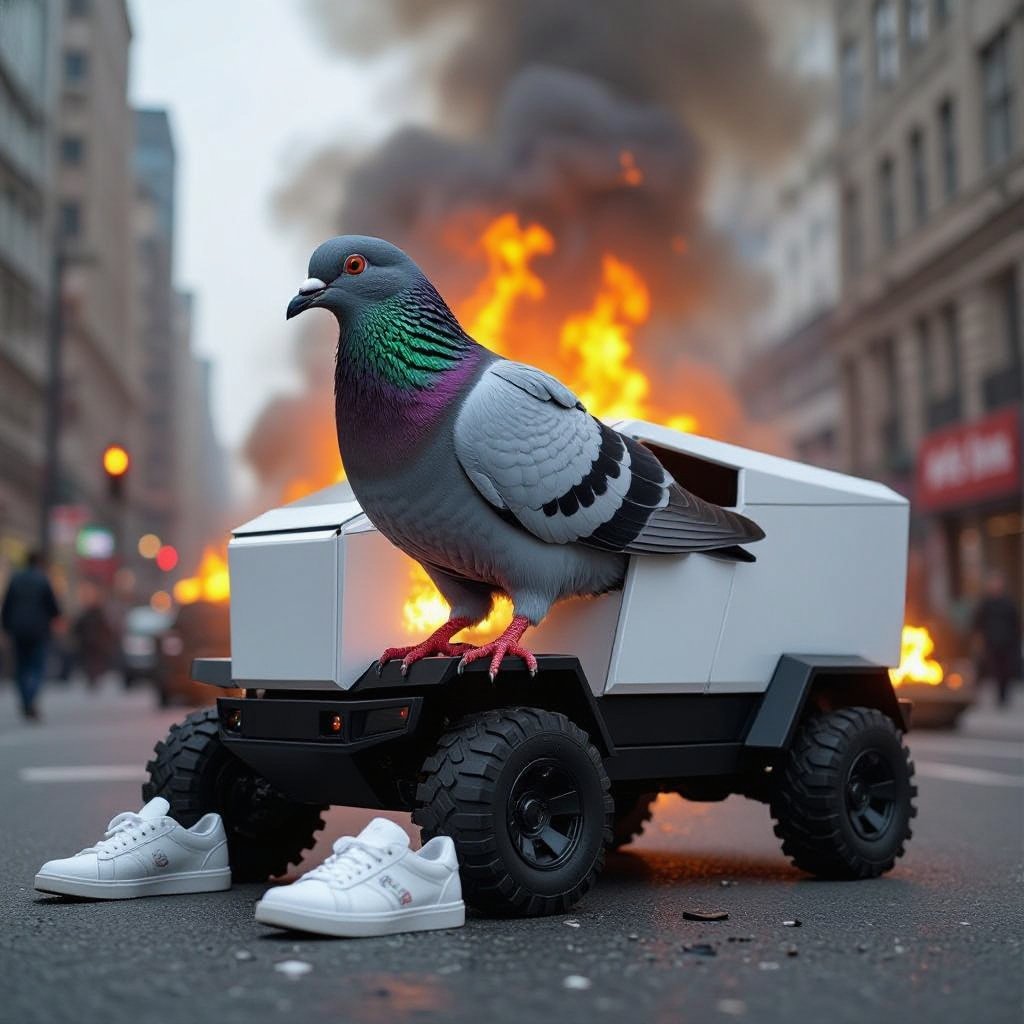 Pigeon with cyber truck  body wear 2 white shoes in city on fire