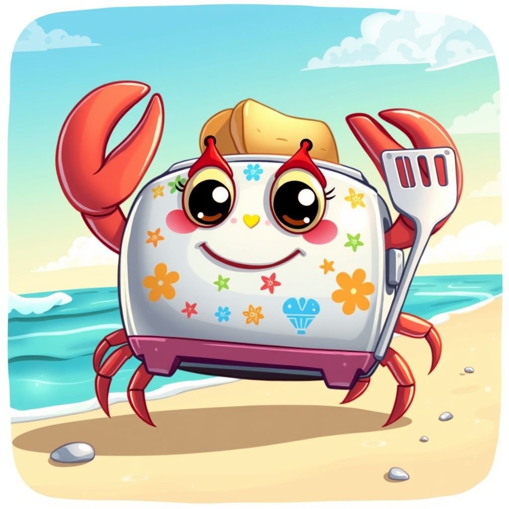A crab with a toaster body in a beach