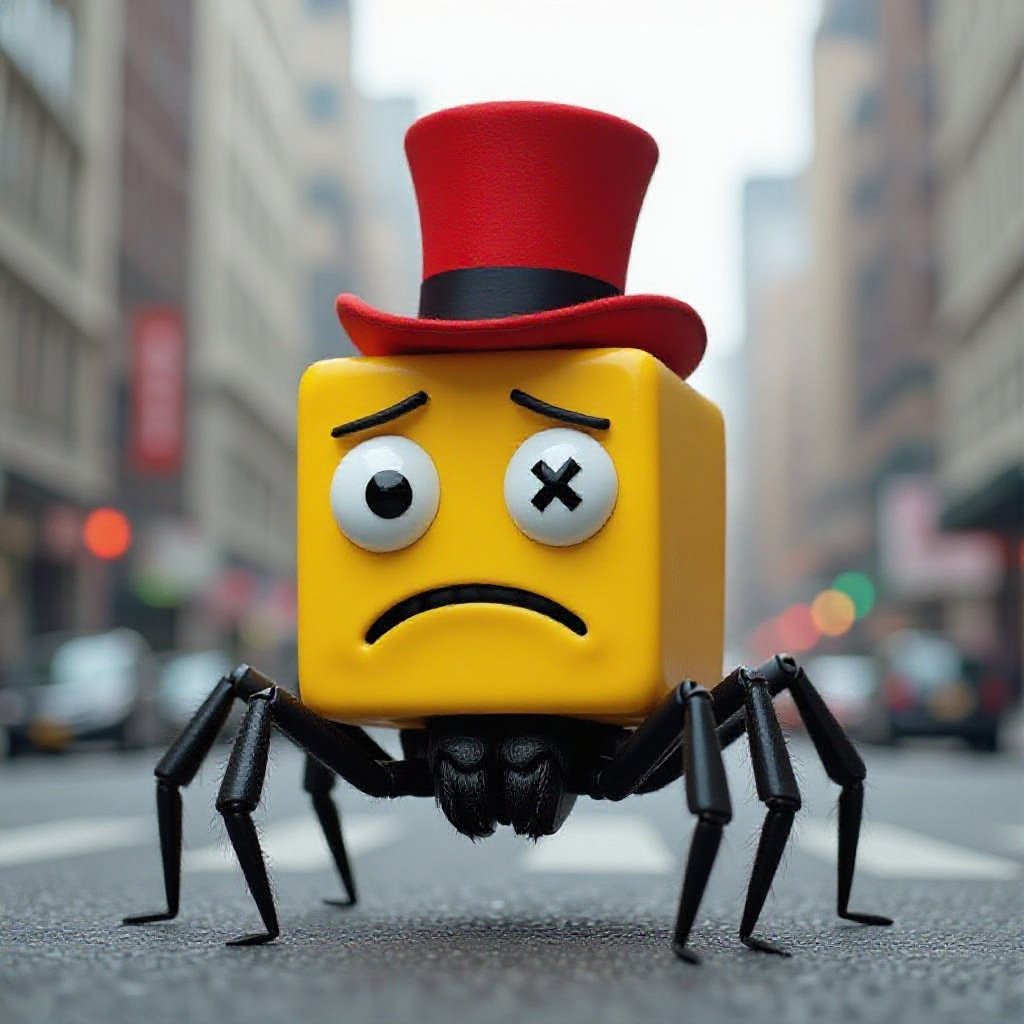 Spider with yellow square head 1 black eye sad mouth x on eye with wear red top hat in city