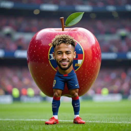 Uma maçã com a cara do Neymar e com pernas