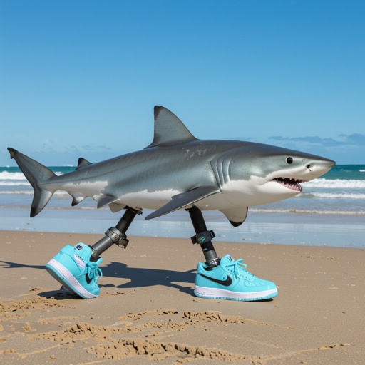 Uno squalo sulla spiaggia con tre gambe e tre scarpe Nike azzurre ai piedi