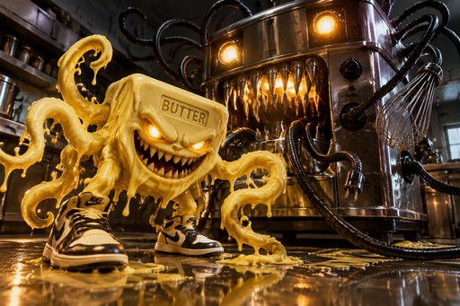 Golden octopus-like robot with sneakers in a dark, glowing industrial room