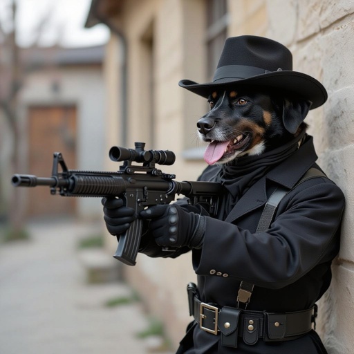 Un cane con un mitragliatore spara vodka e un cappello e un vestito da bandito