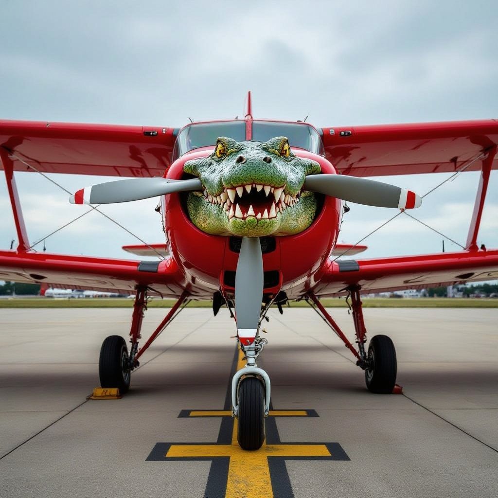 Un aeroplano con la testa di un coccodrillo