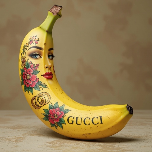 A banana standing up with a face with tattoo's and gucci on