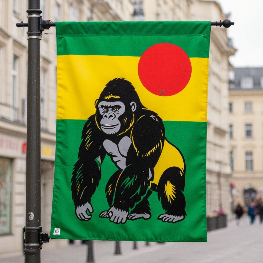 黄色いゴリラと太陽が描かれた緑色の背景の旗