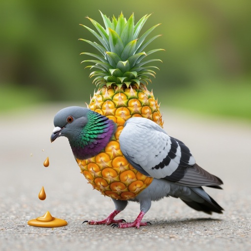 Un piccione con il corpo di ananas che sta cagando