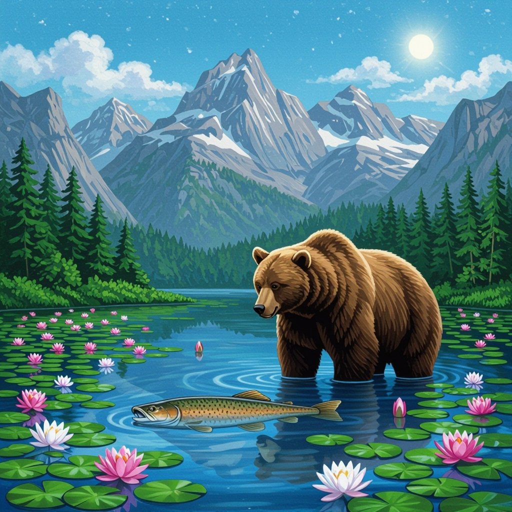 Bear fish head in pond