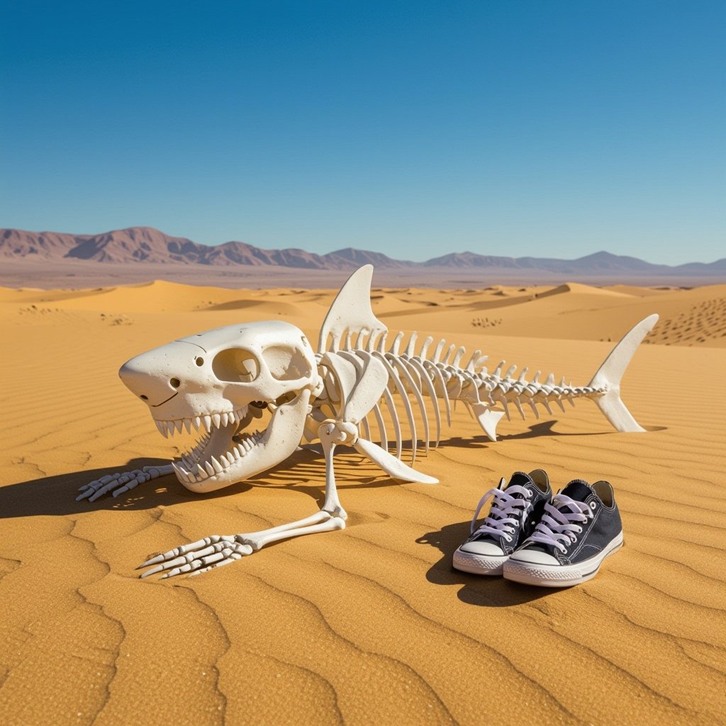 Skeleton shark with old shoes in desert