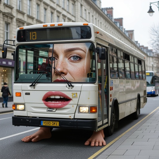 A bus with a human face and with legs the mouth is creepy