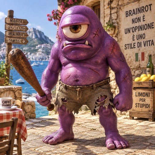 Purple cartoon creature holding a club in a colorful seaside village setting