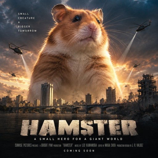 Giant hamster towers over a city in a dramatic cinematic meme scene.