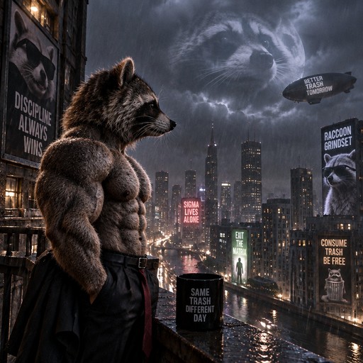 Anthropomorphic raccoon surveys a rainy neon city beneath a swirling storm cloud.