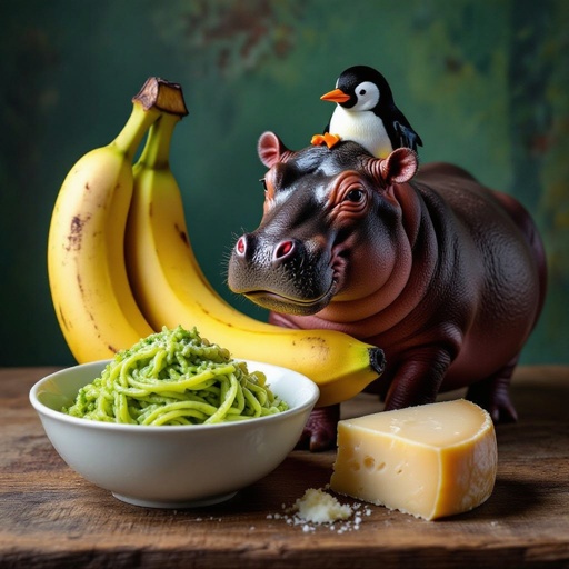 Un ippopotamo con il corpo di banana conuna ciotola con dentro della pasta e pesto con vicino un grana padano vicino e ha pingu sopra la testa