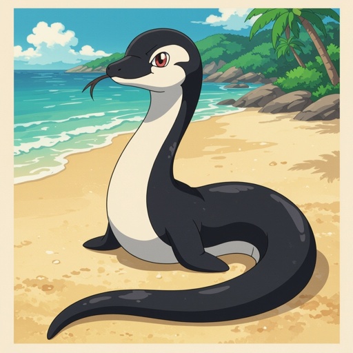 Un serpente con la testa di un pinguino in. Una spiaggia