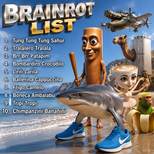 Colorful brainrot meme collage with a dolphin, airplanes, cartoon characters, and text list