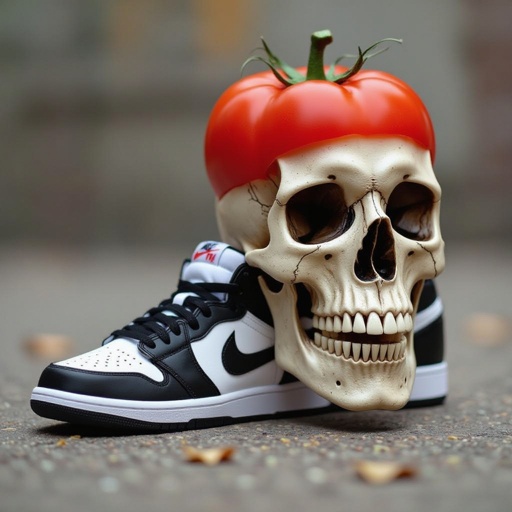 Uma caveira com cabeça de tomate e com tênis da Nike