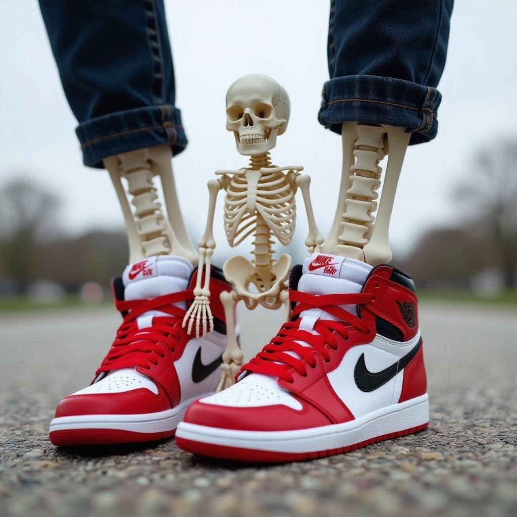Corpo humano inteiro pequeno de osso com tênis da Nike no pé. Bem realista