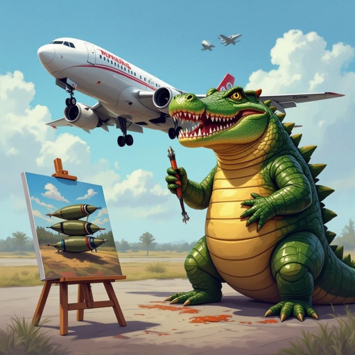 Un coccodrillo fuso ha un aeroplano con sotto delle bombe vista la telare