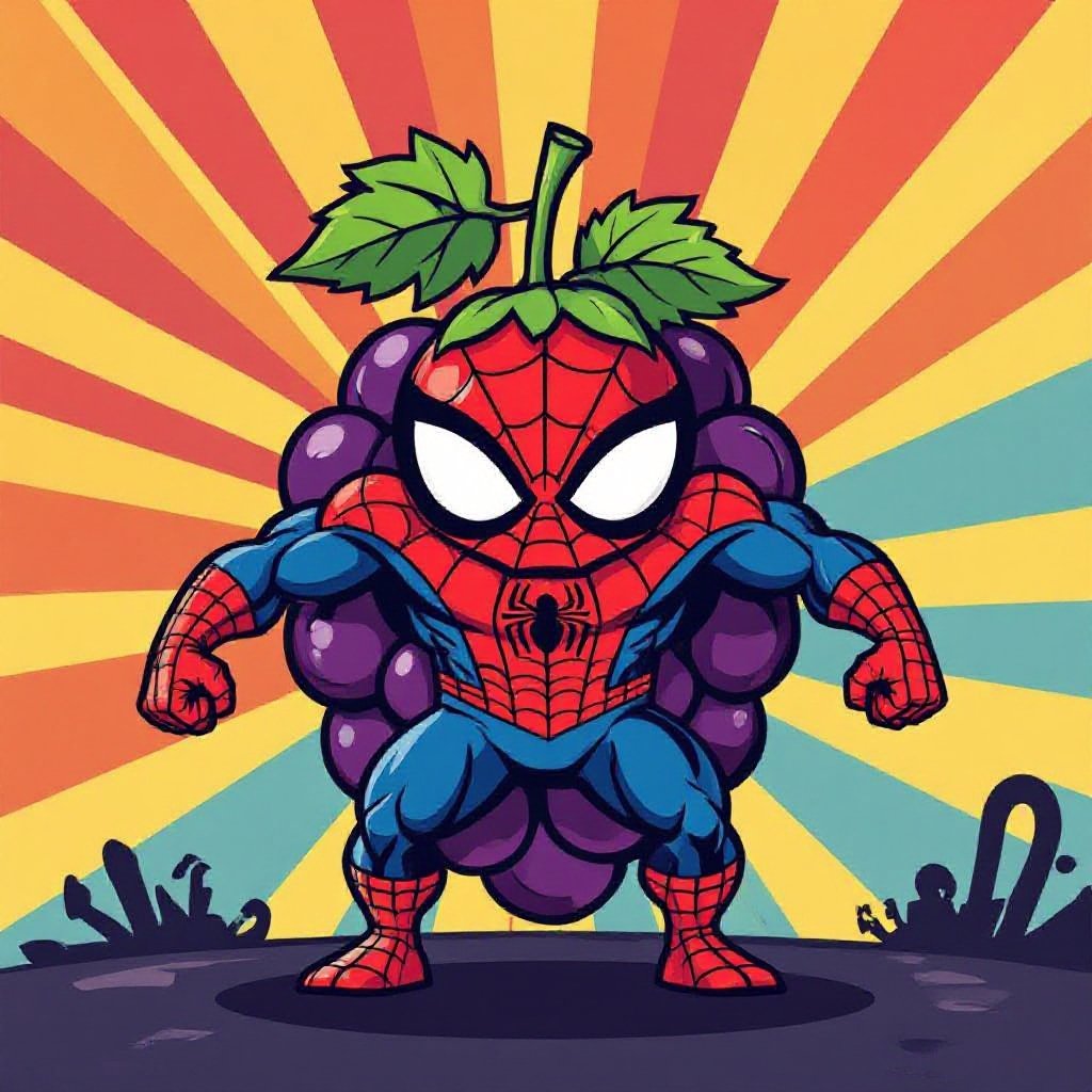 Hazme a una uva con cara de spider-man el curpo de un humano y las piernas de un tiranosaurio rex