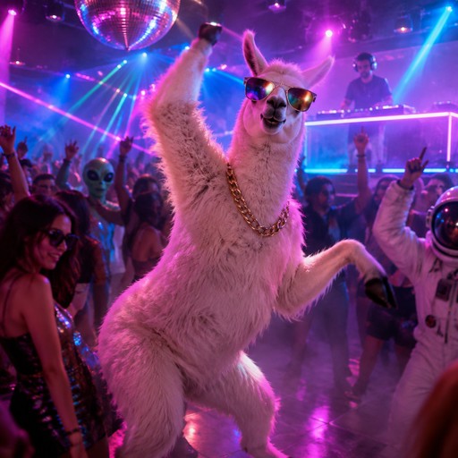 White llama dancing in sunglasses at a colorful nightclub party, digital meme style