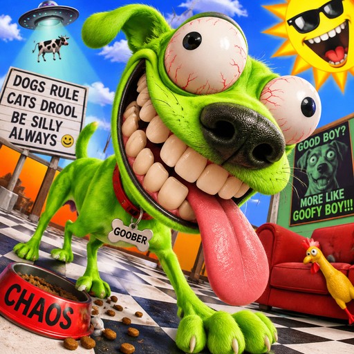 Colorful cartoon green dog with oversized teeth and tongue amid surreal signs and flying objects